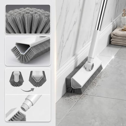 V-Shaped Floor Scrub Brush with Long Handle, Heavy-Duty Stiff Bristle Grout Cleaning Brush, 180° Rotating Tile Scrubber for Bathroom, Shower, Kitchen, Garage, Patio, Deck & Concrete Floors - color: New White Grey