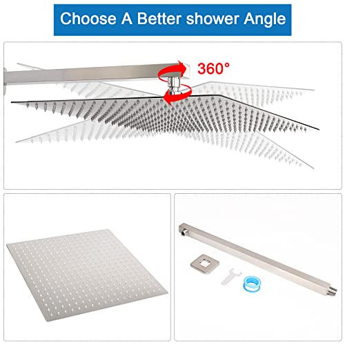 Shower Head with Extension Arm, High Pressure Square with ShowerArm, Stainless Steel Rainfall-Waterfall Full Body Coverage (16'' Shower with 20'' Arm, Brushed Nickel) - color: Brushed Nickel, size: 16'' Shower with 20'' Arm