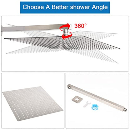 Shower Head with Extension Arm, High Pressure Square with ShowerArm, Stainless Steel Rainfall-Waterfall Full Body Coverage (16'' Shower with 20'' Arm, Brushed Nickel) - color: Brushed Nickel, size: 16'' Shower with 20'' Arm