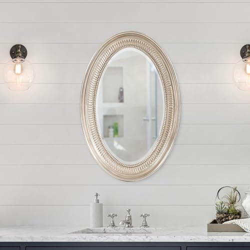 Howard Elliott Collection Ethan Oval Hanging Wall Or Vanity Mirror, Brushed Nickel, 21 x 31 Inch - color: Brushed Nickel