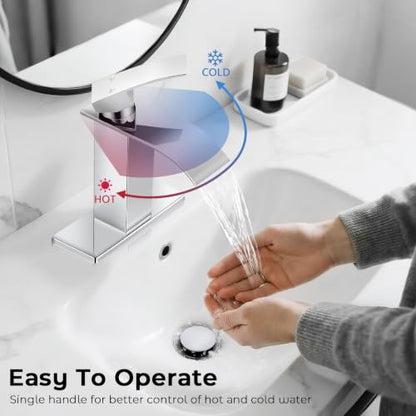 Chrome Bathroom Faucets, Waterfall Bathroom Sink Faucet | Single Handle, Stainless Steel, Vanity Faucet with Deck Plate, Pop-up Drain, For 1 or 3 Hole, RV, Farmhouse - color: A-Chrome