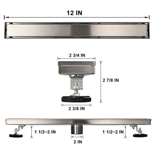 AVSIILE Linear Shower Floor Drain, 12 Inch Brushed Nickel 304 Stainless Steel Bathroom Drains Kit, Rectangular Shower Trench Drain with Reversable Tile-in Pattern Drain Cover & Hair Catcher - color: Brushed Stainless, size: 12 Inch