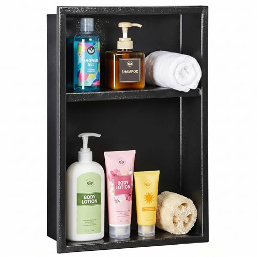 304 Stainless Steel Shower Niche 12” x 18” for Bathroom Storage | Matte Black Recessed Shower Niche No Tile Needed with 2-Tier Shelves for Bathroom Space Saving - size: 12 x 18 inch
