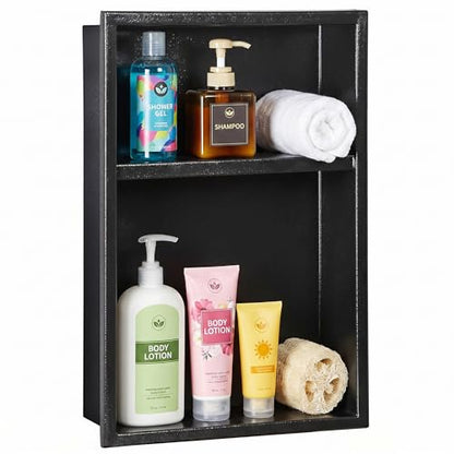 304 Stainless Steel Shower Niche 12” x 18” for Bathroom Storage | Matte Black Recessed Shower Niche No Tile Needed with 2-Tier Shelves for Bathroom Space Saving - size: 12 x 18 inch