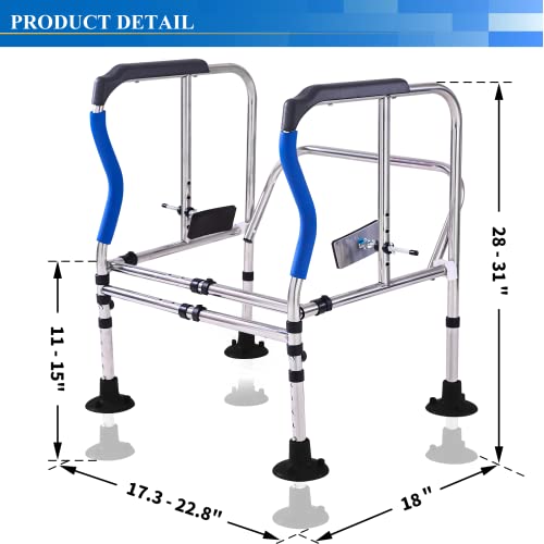 Toilet Safety Rail Frame, Heavy Duty Stand Alone Toilet Rail with Handles for Elderly Handicap, Adjustable Height & Width, Double Crossbar & Suction Cups, 330lbs Capacity, Fits Most Toilets