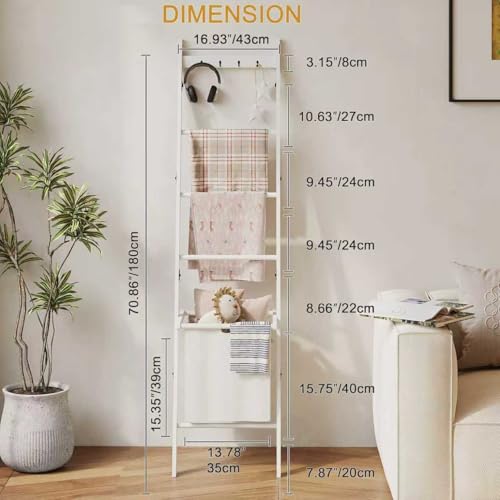 BAMBANG Bamboo Blanket Ladder with Basket, 5-Tier Quilt Rack Stand with 4 Hooks & Storage Hamper for Living Room Bathroom, Wall Leaning Decorative Ladder Shelf for Blankets Display (White)