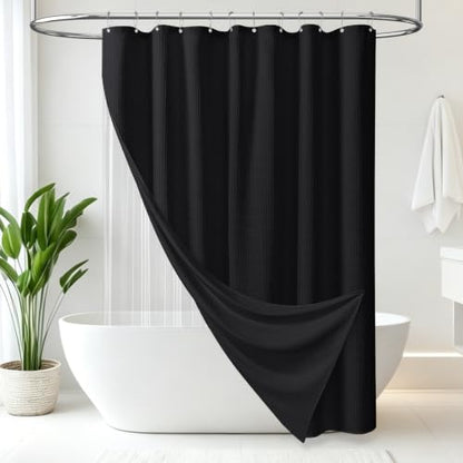 Extra Wide 3 in 1 Waffle Shower Curtain and Liner Set 108x72 Black | 108 Inch Wide, Waterproof Clear PEVA Liner, 256GSM Heavy Duty Fabric, Hotel Luxury Shower Curtains for Bathroom, 18 Hooks - color: A Black, size: 108"W x 72"L (Pack of 1)