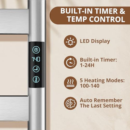 Heated Towel Rack Freestanding & Wall-Mounted, WiFi 8 Bar Towel Warmer Rack | WiFi Control, Extra-Wide Heating, Child Safety Lock, 1-24H Timer & Multi-Level Temp, Stainless Steel, Plug-in, Brushed Nickel - color: Brushed Nickel