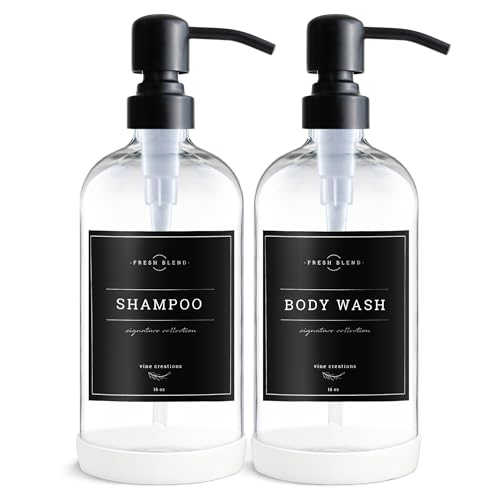 Vine Creations Clear Glass Soap Dispenser, 2 Pack Kitchen Soap Dispenser Set with Stainless Steel Pump, 16 oz Dish Soap and Hand Soap Dispensers for Bathroom with Waterproof Labels - color: Clear Bottle / Matte Black Pump