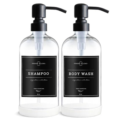 Vine Creations Clear Glass Soap Dispenser, 2 Pack Kitchen Soap Dispenser Set with Stainless Steel Pump, 16 oz Dish Soap and Hand Soap Dispensers for Bathroom with Waterproof Labels - color: Clear Bottle / Matte Black Pump