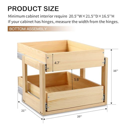 Pull Out Cabinet Organizer 20''W×21''D×16''H Soft Close Slide Out Wood Drawer Shelves for Kitchen, Finished, Bottom Assembly(Cabniet Require Opening >20.5'', Depth>21.5'', Height>16.5'') | Soft Close Wood Kitchen Pullout Drawers for Cabinets Shelves for K