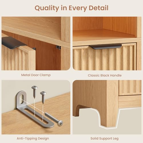 71'' Tall Bathroom Storage Cabinet with Light, 7-Tier Freestanding Narrow Bathroom Cabinet with Adjustable Shelf, Fluted Slim Storage Cabinet for Small Spaces, Bathroom, Living Room, Oak