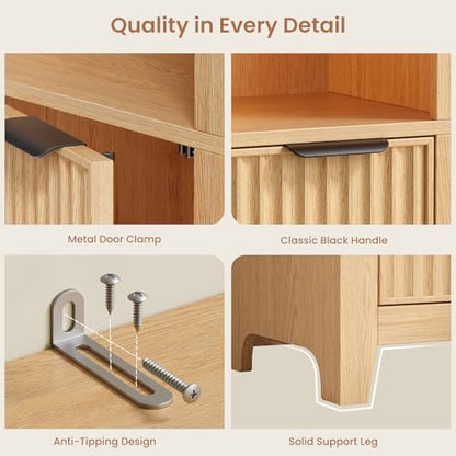 71'' Tall Bathroom Storage Cabinet with Light, 7-Tier Freestanding Narrow Bathroom Cabinet with Adjustable Shelf, Fluted Slim Storage Cabinet for Small Spaces, Bathroom, Living Room, Oak