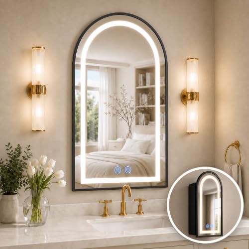 Arched Medicine Cabinet with LED Lights, Lighted Bathroom Medicine Cabinet Mirror with Anti-Fog, No Assembly Required Recessed or Surface Mount (Black, 29.5" H x 15.8" W) - color: Black, size: 29.5"H x 15.8"W