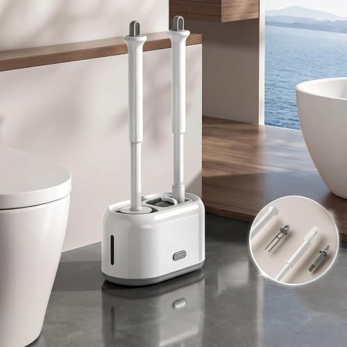 ROOM127 Wall-Mounted 2-in-1 Toilet Brush Set with Holder and Crevice Brush | Curved Under-Rim Bowl Brush with V-Shaped Crevice Scrubber and Long Handles for Tile Gaps, Grout Lines and Bathroom Corners