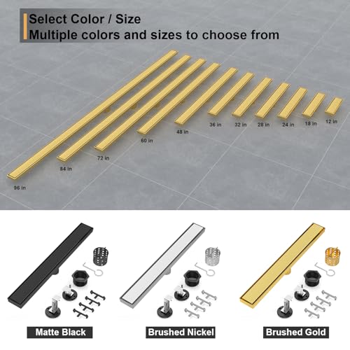 Linear Shower Drain - 36 Inch Brushed Gold, with Tile Insert Panels | AISI 304 Stainless Steel Shower Drain with Adjustable Feet, Hair Catcher, Rectangle Shower Floor Drain Fits Bathroom, Balcony - color: Brushed Gold, size: 36 Inch