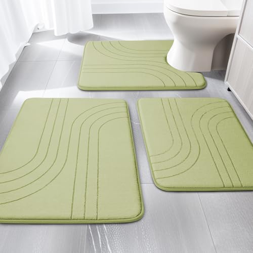 Green Bathroom Rug Set 3 Pieces, Soft Non Slip Memory Foam Bath Mats, Extra Thick, Machine Washable - color: Green-2, size: 3 pieces