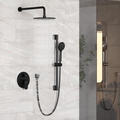 MONDAWE 9 Inch Wall Mounted Shower Faucet Set in Matte Black, Rainfall Shower Head with 3-Setting Handheld Spray Shower Set Combo, High Pressure Shower System with Solid Brass Valve - color: Matte Black, style: 9 IN - Without Tub Spout