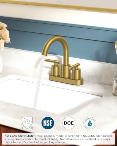 FORIOUS Brushed Gold Bathroom Faucet Centerset 4 Inch, Gold Vanity Faucet | Commercial Gold Faucet Bathroom 4 Inch, Gold Faucets for Bathroom Vanity wtih Dain, Hose, High Arc Swivel Spout, Hospitality - color: Brushed Gold, style: Classic