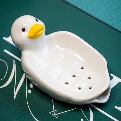 Cute Ceramic Soap Dish Self Draining Adorable Duck Shaped Kitchen Sink Soap Organizer for Bathroom Quick Drying Soap Holders - color: White Duck-2