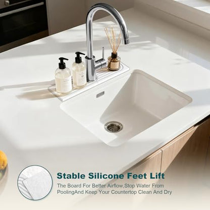 2-Piece Stone Faucet Mat for Kitchen Sink, Split Water-Absorbing Sink Tray with Center Faucet Opening, White, 15.7 x 3.9 Inches Combined - color: White-Short