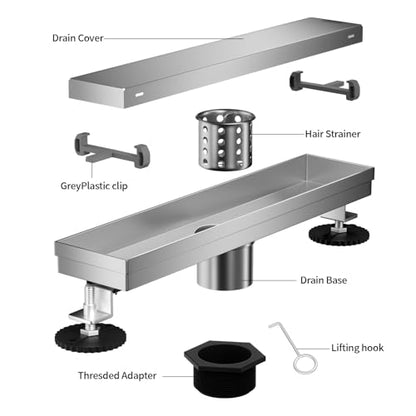Linear Shower Drain, 304 Stainless Steel with Adjustable Leveling Feet, Hair Strainer,Reversely Install Place to Create an Invisible Floor Drain - Silver -16-Inch - color: Silver, size: 16inch