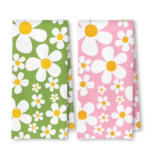 70s Retro White Daisy Floral Kitchen Towels Set of 2, Green and Pink Wildflower Dish Tea Towels for Kitchen Decor, Floral Aesthetic Decorative Hand Towels for Bathroom Decor, 16x24 Inches - color: White Daisy