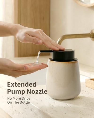 BosilunLife Ceramic Soap Dispenser - Dish Soap Dispenser for Bathroom 12Oz | Refillable Liquid Hand Wash Dispenser for Essential Oil, Lotion Soap, Greige with Speckle - color: Greige