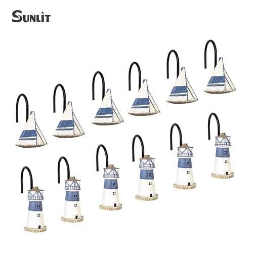 Sunlit Nautical Shower Curtain Hooks, Home Decorative Coastal Shower Curtain Rings with Black Hooks for Bathroom, Resin, Ocean Shower Curtain Hanger Hooks, Set of 12, Blue Lighthouse Sailboat - size: Sailboat & Lighthouse With Black Hooks