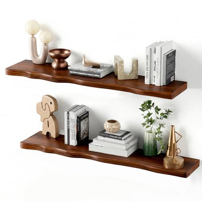Solid Wood Live Edge Floating Shelves Set of 2 – 36" Rustic Wall Shelf with Hidden Bracket System, Wall Mounted Shelves for Bathroom, Kitchen, Living Room, Bedroom (Walnut) - color: Walnut, size: 36inch