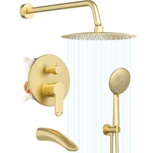 Gabrylly Shower System with Tub Spout, Bathtub Shower Faucet Set with 10" Rain Shower head and 5-Setting Handheld Shower, Wall Mounted Shower Fixtures with Pressure Balance Shower Valve, Brushed Gold - color: Brushed Gold, style: 10 Inches-With Tub Spout