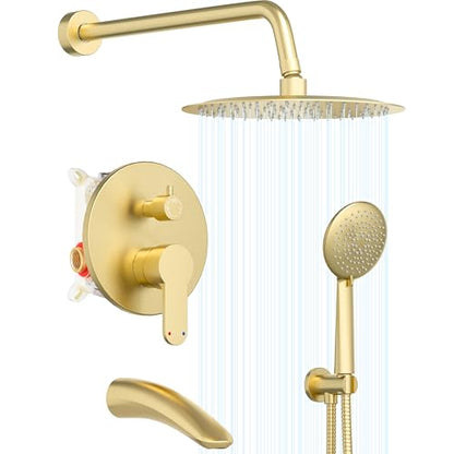 Gabrylly Shower System with Tub Spout, Bathtub Shower Faucet Set with 10" Rain Shower head and 5-Setting Handheld Shower, Wall Mounted Shower Fixtures with Pressure Balance Shower Valve, Brushed Gold - color: Brushed Gold, style: 10 Inches-With Tub Spout