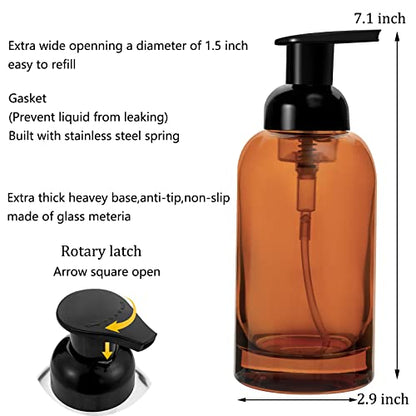 2 Pack Foaming Soap Dispenser, 12.7 Oz Thick Glass Pump, Amber | Refillable Foam Soap Bottles for Hand Soap and Body Wash, Ideal for Bathroom Countertop, Kitchen Sink and More - color: Amber