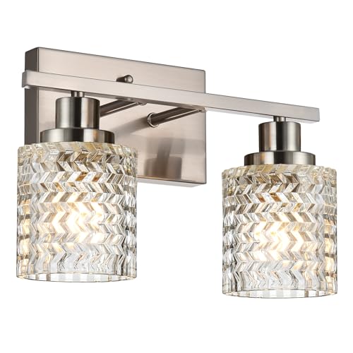MELUCEE 2-Light Wall Sconce Lighting with Hammered Glass Shade | Brushed Nickel Bathroom Lights Over Mirror, Modern Vanity Lighting Fixtures for Porch Entryway Stair - color: Brushed Nickel, size: 2 Lights