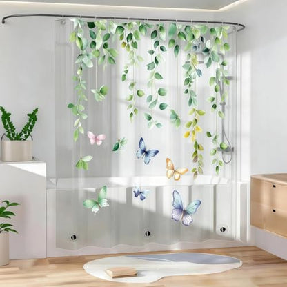 Clear Eucalyptus Leaves Butterfly Shower Curtain Liner, Plastic Transparent Green Plant Shower Curtains for Bathroom, 72x72 Weighted Magnetic Shower Curtain Set with 12 Hooks - color: Clear Eucalyptus Leaves, size: 72"W x 72"L (Pack of 1)