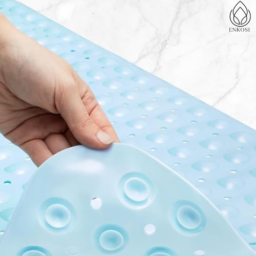 ENKOSI Non-Slip Bath & Shower Mat 40x16 Extra Long, Suction & Drain Holes | Light Blue color; Durable PVC; 40x16 in, Light Blue - color: Light Blue