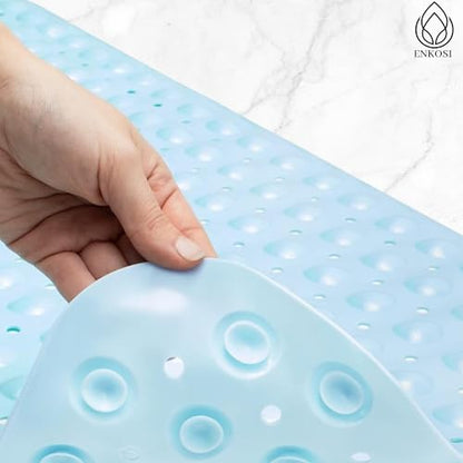 ENKOSI Non-Slip Bath & Shower Mat 40x16 Extra Long, Suction & Drain Holes | Light Blue color; Durable PVC; 40x16 in, Light Blue - color: Light Blue
