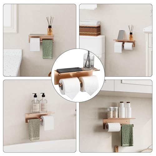 Rose Gold Toilet Paper Roll Holder with Shelf Wall Mounted for Bathroom (Rose Gold, Double Head) - color: Rose Gold