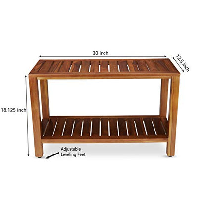 Teak Shower Bench with Shelf 30 Inch for Bathroom, Spa - Fully Assembled, Shower Stool, The Freya