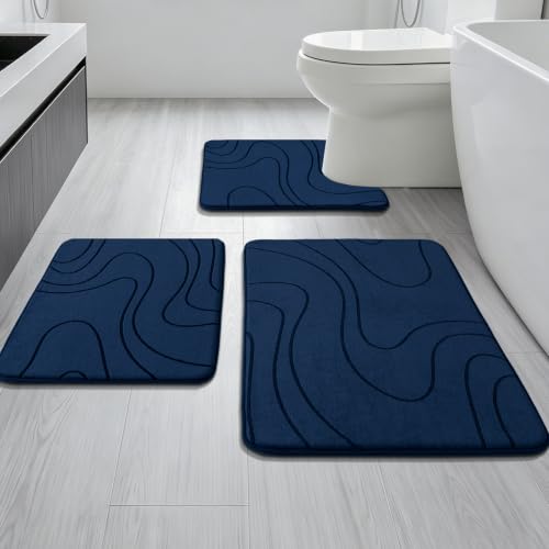 Bathroom Rugs Sets 3 Piece - Thick Memory Foam Bath Mat, Dark Blue | Ultra Soft, Extra Thick, Super Absorbent, Non Slip, Machine Washable, For Bathroom Floor & Tub, 3 Pieces - color: Dark Blue, size: 1'8" x 2'8" (3 Pieces)