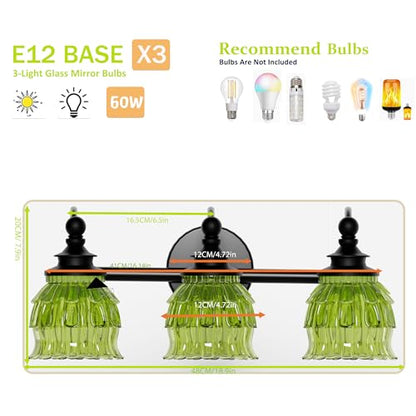 3-Light Bathroom Vanity Light Fixture Wall Mounted Mirror Front Lamp | with Water-Lily Shaped Green Crystal Glass Shade, Modern Black Antique Finish Lamp for Mirror Kitchen Living Room Hallway - size: 3-Light (Water-Lily Shaped)