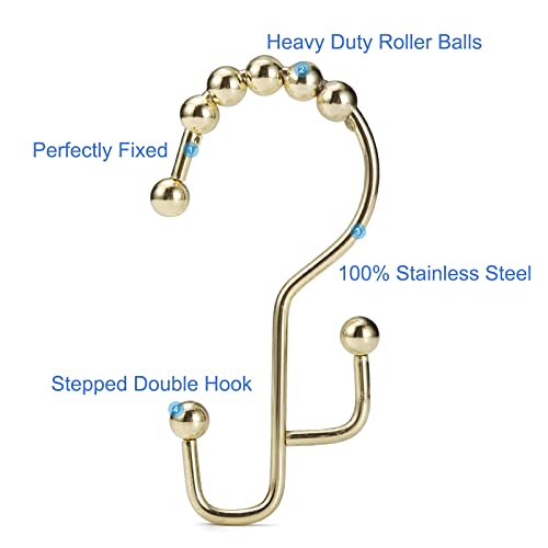 Shower Curtain Rings, SUTINE Shower Curtain Hooks, Stainless Steel Gold Shower Curtain Hooks Rust Proof, Easy Sliding Double Shower Hooks for Shower Curtains, Curtain & Liners, 12pcs-Gold - color: Gold