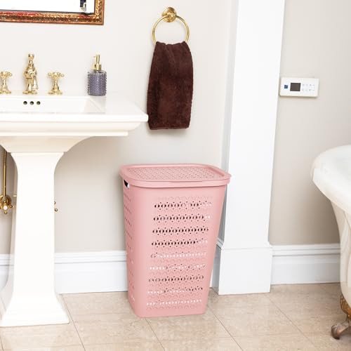Mind Reader Slim Tapered Laundry Hamper with Lid, Clothes Basket with Swiss Cross Cut-Outs, Lightweight & Ventilated, Plastic, 16.75"L x 12.75"W x 23"H, Pink - color: Pink