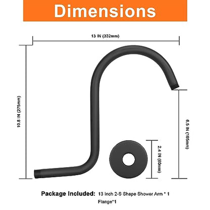 S Shaped Shower Arm, High Rise Shower Head Extension Pipe Standard 1/2" Connection with Flange, Awesome Shower Experience-Stainless Steel Bathroom Accessory(13 Inch 2-S Shape, Matte Black) - color: Matte Black, style: 13" 2 Shape