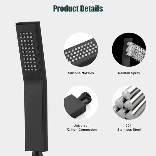 Heyalan Hand-held Shower Head Set-SUS304 Handheld Shower,Matte Black | SUS304 stainless steel wand, curved-style design, single rain spray, 59-inch long hose and standard 1/2-inch connection - color: Matte Black, style: Curved Style