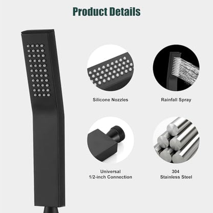 Heyalan Hand-held Shower Head Set-SUS304 Handheld Shower,Matte Black | SUS304 stainless steel wand, curved-style design, single rain spray, 59-inch long hose and standard 1/2-inch connection - color: Matte Black, style: Curved Style