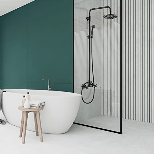 Heyalan Dual Shower System, 8 Inch Rain Head, Handheld,Oil Rubbed Bronze | Dual shower system with 8 inch rain head, handheld sprayer, exposed pipe design, two-handle control, and brass body. - color: Oil Rubbed Bronze
