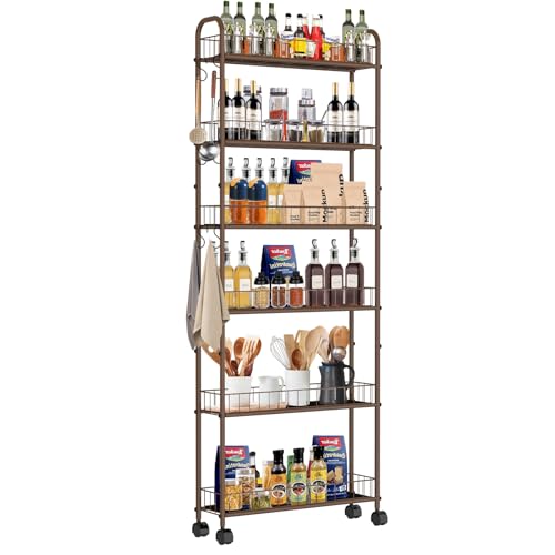 6in 6-Tier Slim Storage Cart with Wheels, Metal Narrow Rolling Shelf, Sturdy Slim Storage with Hooks Ideal for Kitchen, Bathroom, and Laundry Room (Champagne Gold) - size: 6in Champagne Gold