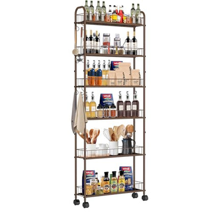 6in 6-Tier Slim Storage Cart with Wheels, Metal Narrow Rolling Shelf, Sturdy Slim Storage with Hooks Ideal for Kitchen, Bathroom, and Laundry Room (Champagne Gold) - size: 6in Champagne Gold