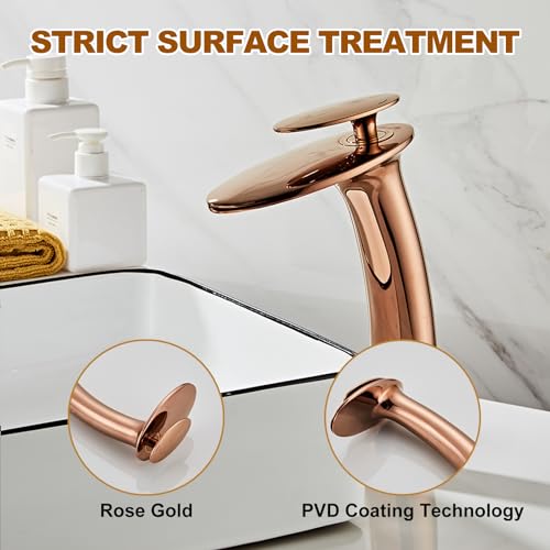 Rose Gold Waterfall Bathroom Faucet Tall Body and Pop Up Drain - color: Rose Gold, size: Tall Body